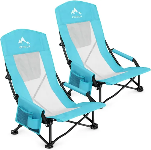Miniatura 7 de Oileus Silla de playa portátil plegable, ligera, respaldo alto, asiento bajo para tienda de campaña, refugio y campamento, respaldo de malla