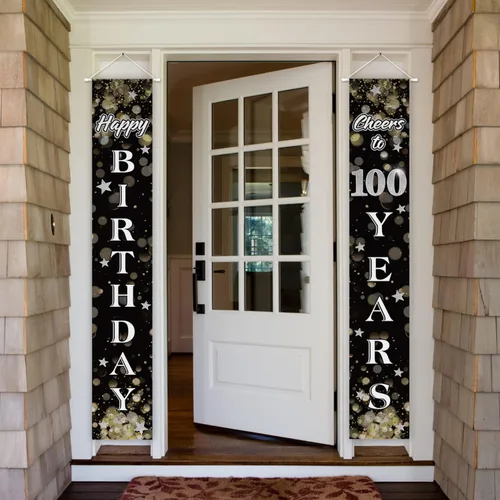 Miniatura 3 de Cartel de feliz cumpleaños número 100 en negro y plateado para puerta de hogar, decoración de fiesta de cumpleaños número 100