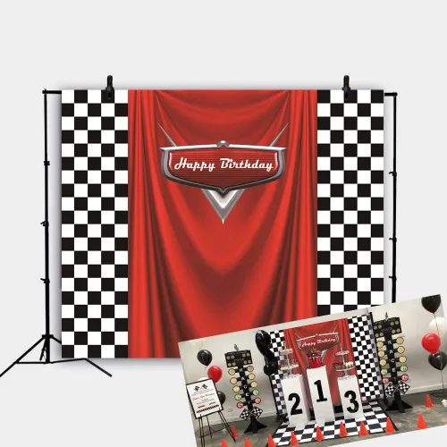 Miniatura 6 de Fondos de 7 x 5 pies para automóvil con cuadrícula negra y blanca roja con temática de cumpleaños, bandera de carreras roja, fondos de fotos rojos