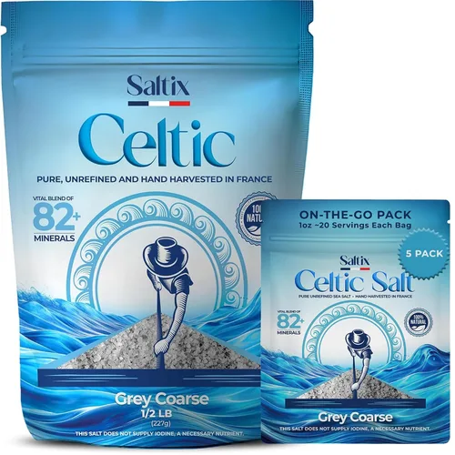 Saltix Paquete de sal marina gruesa gris celta, bolsa de 8 onzas + 5 paquetes para llevar (1 onza cada uno), bolsa resellable, 100% natural, venta