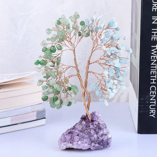 Miniatura 4 de mookaitedecor Árbol de cristal de aventurina verde natural y aguamarina con base de racimo de amatista, árbol del dinero de la vida adorno