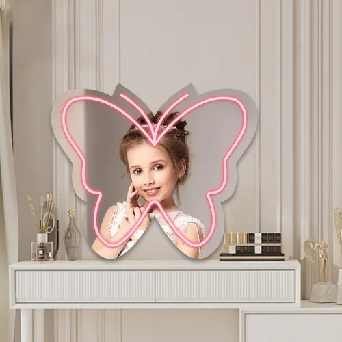 Miniatura 3 de Espejo de mariposa de anime con luces de letreros de neón para vestuario, sala de estar, dormitorio de niña, bonito espejo acrílico con atenuación