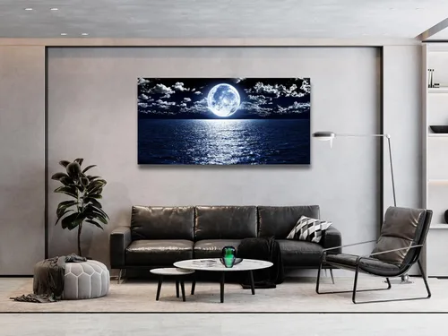 Miniatura 7 de Cao Gen Decor Art S06950 - Lienzo decorativo para pared, diseño de luna, mar, océano, paisaje, 1 panel, luna llena en nube, cuadros estirados
