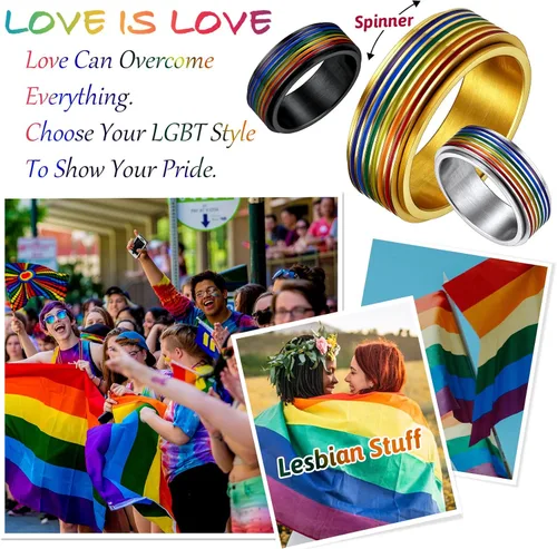 Miniatura 6 de FaithHeart LGBT - Anillos para ansiedad con diseño de arcoíris, acero inoxidableoro de 18 quilates chapado en oro de 18 quilates, joyería
