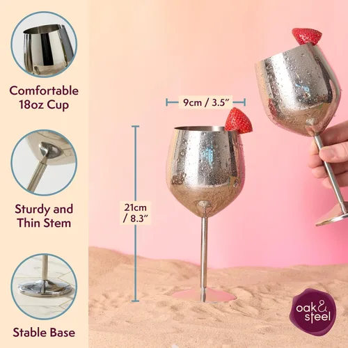 Miniatura 3 de Oak & Steel - 2 copas de vino doradas de acero inoxidable (18 onzas), copas de vino de metal irrompibles, copas de vino con caja de regalo