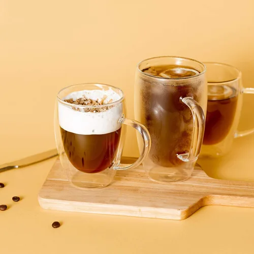 Miniatura 6 de MEWAY Paquete de 2 tazas de café de 16 onzas, taza de doble pared de vidrio transparente grueso con asa para café, té, café con leche, capuchino
