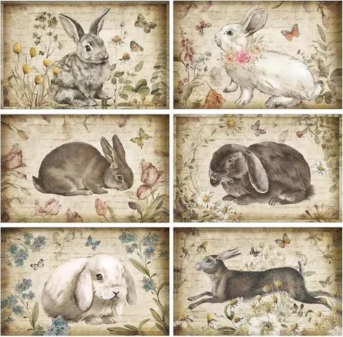 Juego de 6 manteles individuales de primavera de 12 x 18 pulgadas, lavables con flores, rústico, vintage, tulipán de primavera, conejos, decoración