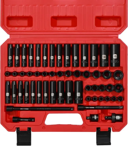 Miniatura 2 de EMENTOL Juego de 55 llaves de vaso de impacto profundas y poco profundas de 1/4 pulgadas, CR-V, SAE/métrico, 6 puntos, 5/32 pulgadas - 9/16