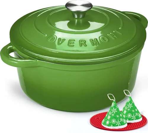 Miniatura 29 de Overmont Horno holandés de hierro fundido esmaltado, olla de 5.5 cuartos de galón con tapa de asas anchas, libro de cocina y agarraderas de algodón