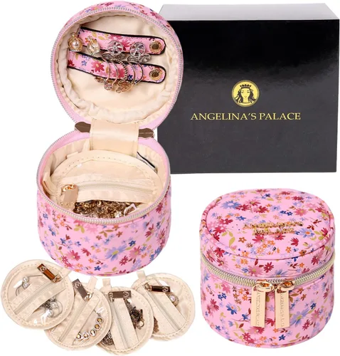 Angelina's Palace Organizador redondo de joyas, bolsa de viaje, regalos de dama de honor, caja de cuero vegano para collar, aretes, pulsera, anillo