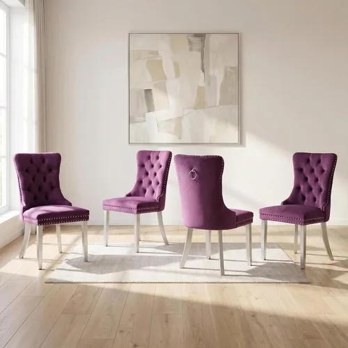 Miniatura 108 de OVENTA Juego de 4 sillas de comedor modernas tapizadas copetudas, terciopelo negro y gris y cuero con patas de madera maciza, sillas de cocina