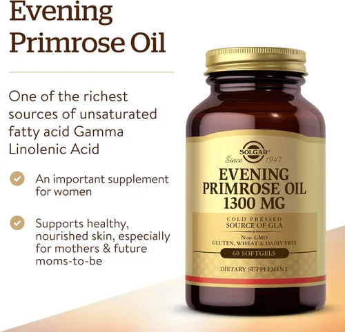 Miniatura 3 de Solgar Aceite de onagra de 1300 mg, 60 cápsulas blandas, promueve una piel saludable, apoyo nutricional para mujeres, sin OMG, sin gluten, sin