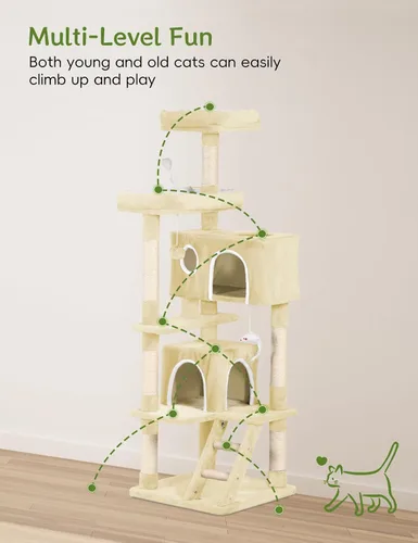 Miniatura 6 de Torre de árbol para gatos de 53 pulgadas, centro de actividades para interiores de varios niveles con postes rascadores de sisal, condominio, percha
