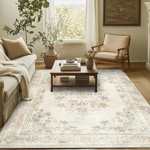 Miniatura 126 de Jinchan Fiora - Alfombra redonda de 8 pies, alfombras vintage con diseño floral envejecido, lavable a máquina, antideslizante, de pelo bajo, Azul