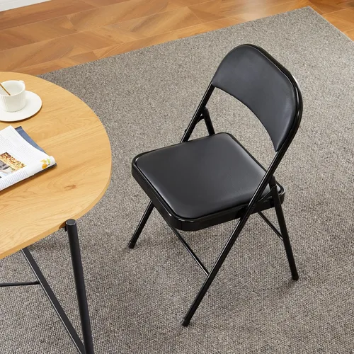 Miniatura 9 de DUMOS Paquete de 2 sillas plegables acolchadas de cuero, asiento comercial apilable portátil para interiores y exteriores con marco de acero, Negro