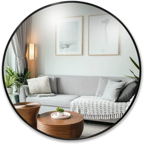 Espejo de tocador redondo con marco de metal negro (30 pulgadas), moderno montaje en pared para decoración del hogar, vidrio para baño para sobre el