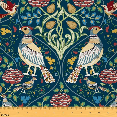 Tela de pájaros coloridos por The Yard, patrón de flores vintage bohemio, tela para amantes del arte artesanal, plantas botánicas retro, tela
