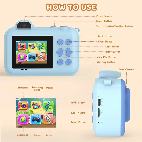 Miniatura 7 de Cámara para Niños con Impresión Instantánea, Regalos de Cumpleaños de Navidad, Juguetes para Niñas y Niños de 4 5 6 7 8 9 10 11 12 Años de Edad, Azul