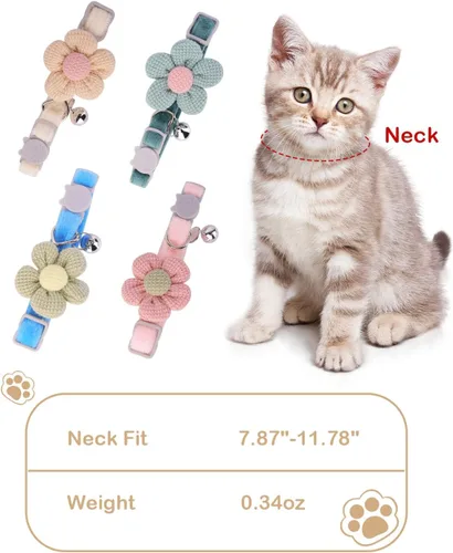 Miniatura 5 de Collar de gato Breakaway con material de felpa suave y flor tejida a mano, collar de seguridad ajustable para piel sensible, collar decorativo
