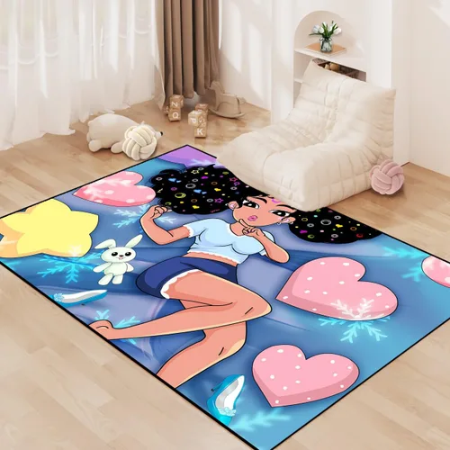 Miniatura 40 de Alfombra de área para dormitorio de niñas negras africanas, alfombra para sala de estar, sala de juegos, azul, lindo anime de dibujos animados