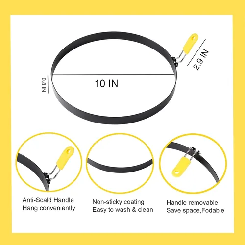 Miniatura 3 de Anillo de tortilla extra grande de 10 pulgadas para plancha, anillo de huevo de panqueques de acero inoxidable con mango de silicona, accesorio