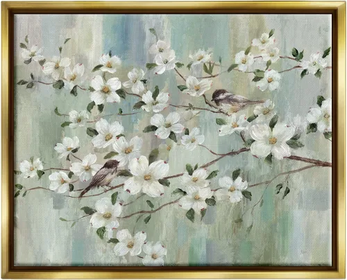 Miniatura 9 de Stupell Industries Delicadas flores de cerezo encaramadas pájaros pintura clásica flotante enmarcado arte de pared, diseño de Nan