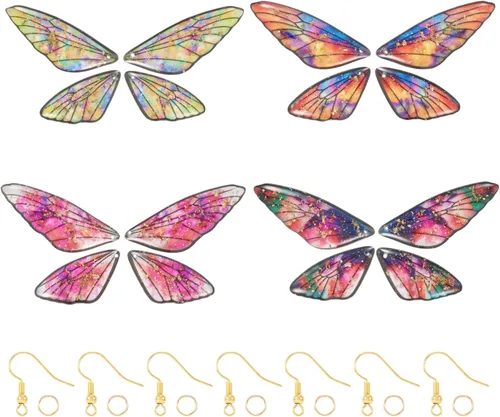 Miniatura 17 de FASHEWELRY 16 aretes de resina con alas de libélula y arco iris, mariposa, colgantes, alas de hada, coloridos dijes con ganchos para aretes, anillos