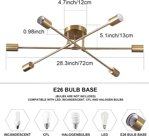 Miniatura 5 de Lámpara de techo semiempotrada, lámparas de araña Sputnik modernas de 6 luces en latón con base E26, lámparas de cocina estilo granja vintage