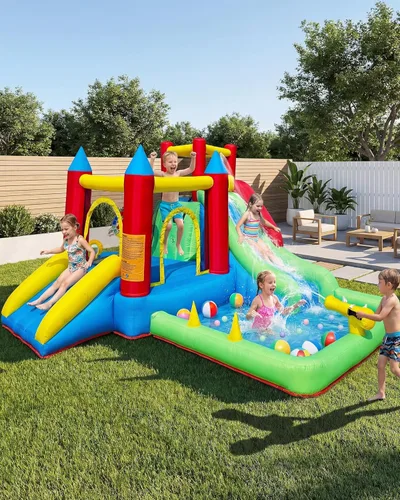 Casa de rebote para niños de 3-6 años, castillo inflable saltarín 9 en 1 con toboganes dobles, trampolín, pared de escalada, piscina de pelotas y