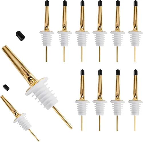JNWINOG Paquete de 12 vertedores de licor para botellas de licor, vertedores de licor de barra dorada, vertedores de licor con tapas antipolvo,
