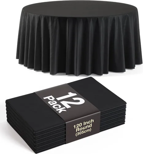 Miniatura 13 de Party Solids Paquete de 6, manteles de plástico color negro, mantel redondo desechable de 120 pulgadas para fiestas, mantel redondo, manteles