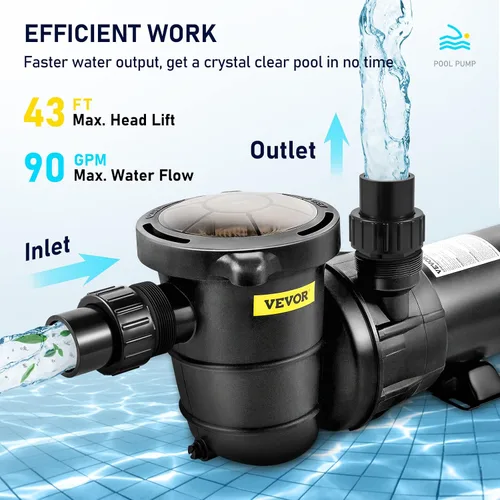 Miniatura 5 de VEVOR Bomba de piscina, 2.0HP 115 V, 1500 W Bombas de velocidad única para piscina sobre el suelo con cesta de colador, 5400 GPH Max. Caudal