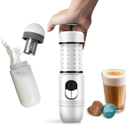 Miniatura 6 de STARESSO Cafetera de viaje, mini cafetera de café expreso portátil, máquina de espresso manual extra pequeña 2 en 1 compatible con cápsulas NS