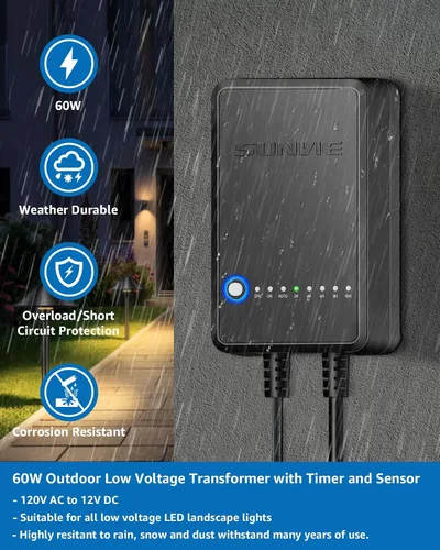 Miniatura 4 de SUNVIE Transformador de Paisaje de Bajo Voltaje de 60W con Temporizador y Sensor de Fotocélula, Transformador de Iluminación de Paisaje de 120V AC a