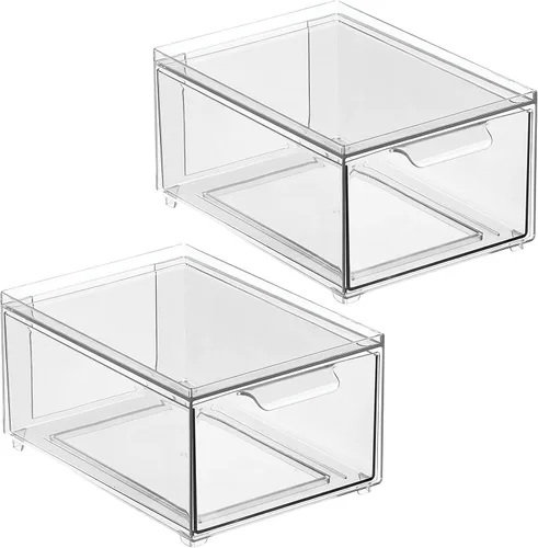 Miniatura 9 de mDesign Caja de almacenamiento apilable con cajón extraíble, cubos de plástico apilables para despensa de cocina y armario, encimera, isla y mesas