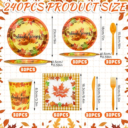 Miniatura 2 de Bokon 240 platos y servilletas de papel de Acción de Gracias, hojas de arce, calabaza, decoraciones de fiesta, otoño, desechables, incluye platos