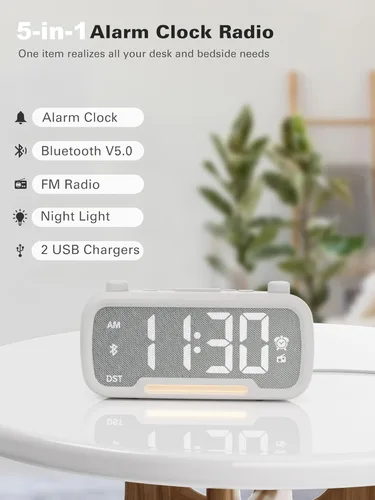 Miniatura 2 de Mesqool Reloj despertador con altavoz Bluetooth, radio FM, reloj despertador para dormitorio con cargadores USB, atenuador y 12/24 horas, Blanco