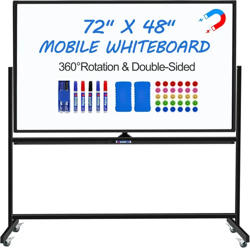 Max-officoo Pizarra Blanca Grande de Borrado en Seco con Soporte Rodante 72"x48" Pizarra Blanca Magnética Móvil de Doble Cara sobre Ruedas, Incluye