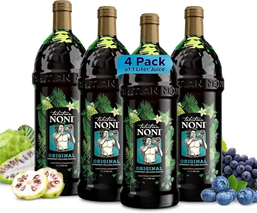 Jugo Tahitian Noni de Morinda – Mezcla original pura de fruta de Noni con extractos de arándano y uva – Bebida saludable de superalimento para la