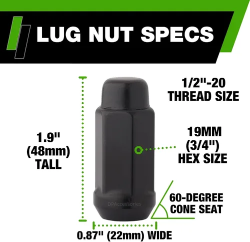 Miniatura 2 de DPAccessories Tuercas negras 1/2-20 para ruedas de posventa, extremo cerrado XL Bulge Bellota, 1.890 in (1.9 pulgadas) de alto, 0.748 in