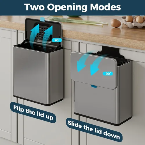 Miniatura 3 de Basurero colgante de acero inoxidable con tapa y cubo interior, contenedor de compost de cocina de 2 galones para encimera, debajo del fregadero