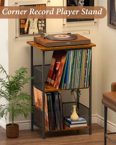 Miniatura 5 de Honkazita Soporte para tocadiscos de 3 niveles, almacenamiento de discos de vinilo hasta 200 álbumes, mesa para tocadiscos con parte superior