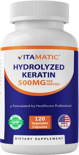 Vitamatic Queratina hidrolizada de 500 mg por porción – 120 cápsulas vegetarianas – Suplementos de queratina para cabello sano, piel y uñas para