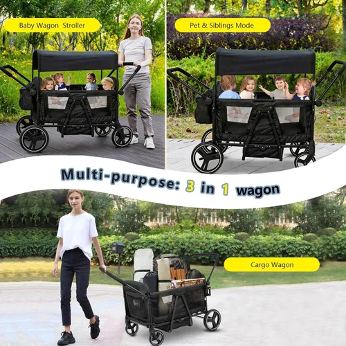 Miniatura 3 de Voupou - Vagón con cochecito para 2, 3, 4 niños, 4 plazas, todo terreno, tándem, vagón para bebés, plegable, ligero, con arnés de 5 puntos, toldo