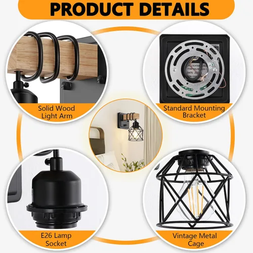 Miniatura 3 de FadimiKoo Juego de dos apliques de pared regulables, lámpara de pared para mesita de noche con interruptor giratorio, luminarias de baño de madera