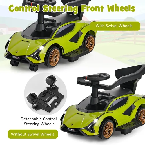 Miniatura 4 de INFANS 3 en 1 Coche de paseo con licencia Lamborghini, cochecito de bebé con empuje, coche de paseo deslizante con asa de empuje, música, USB, faro