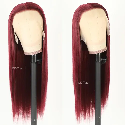 Miniatura 3 de QD-Tizer Pelucas de cabello sintético con encaje frontal de 13 x 6 pulgadas, sin pegamento, color rojo vino, color burdeos, pelucas de cabello largo