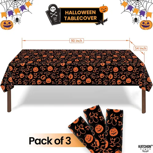 Miniatura 2 de KatchOn, Mantel de plástico de Halloween de calabaza, 54x90 pulgadas, paquete de 3, mantel de calabaza, mantel de Halloween negro y naranja, mantel