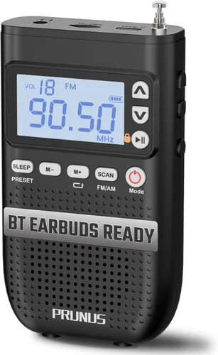 PRUNUS J-618 Radio Portátil AM FM a Auriculares Bluetooth, como Altavoz Bluetooth, Radio Recargable 2000mAh, Preajuste, Reproducción Aleatoriza con