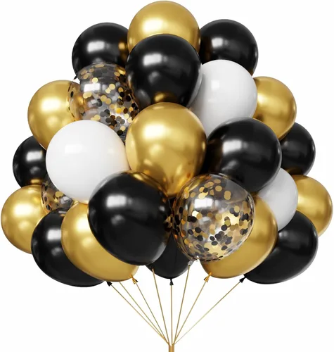 YMSZ Globos negros y dorados, 67 globos de fiesta de confeti de 12 pulgadas, color negro, blanco y dorado, para cumpleaños, Año Nuevo, decoraciones